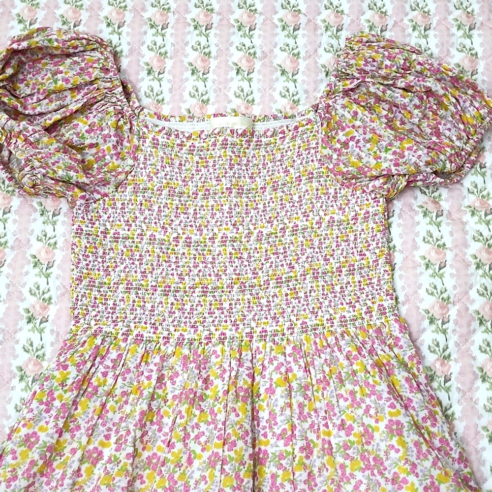 Loveshackfancy Masie Fruity Punch Floral Puff Sleeve Smocked Dress XS - Picture 14 of 17